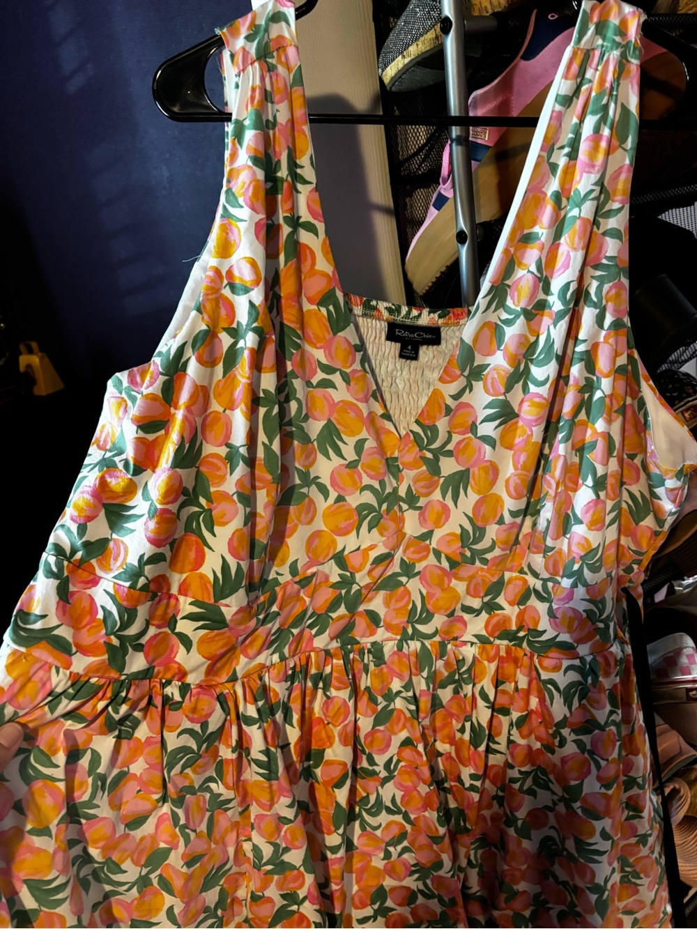 Retro Chic Peach & Green V-Neck Midi Dress